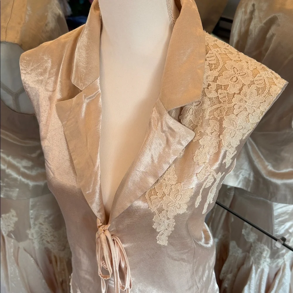 Free People Champagne Lace-Trim Asymmetrical Satin Dress - Picture 3 of 15